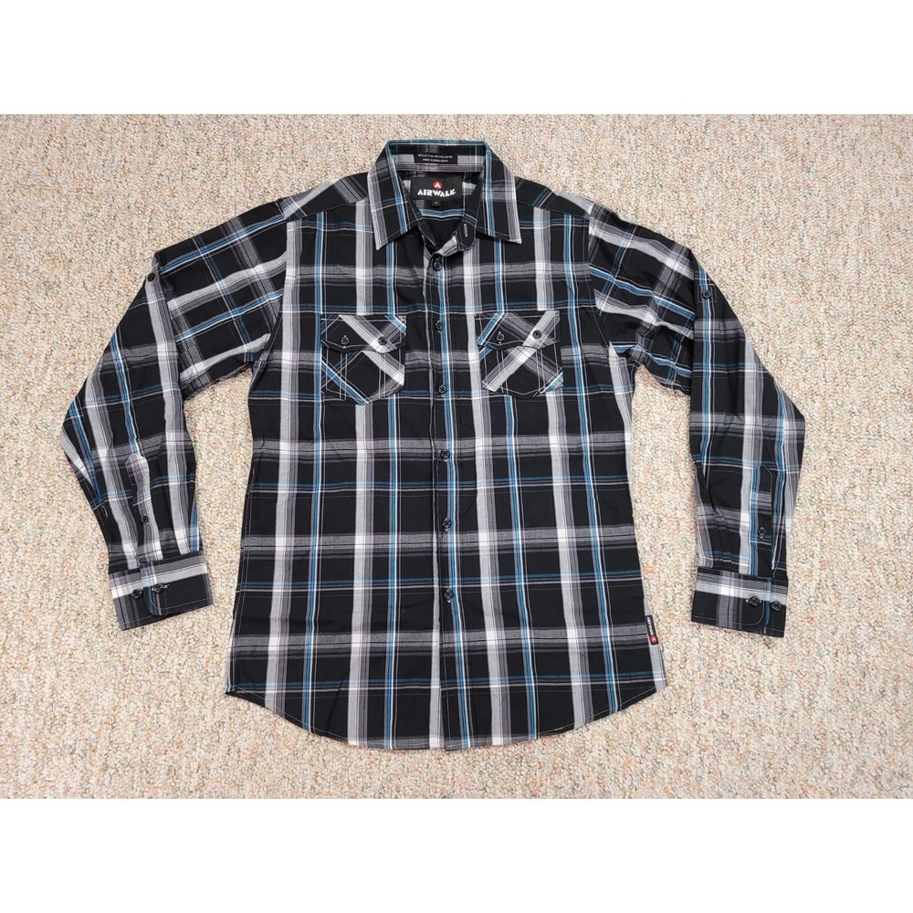 Airwalk Shirt Mens‎ Medium Black Plaid Button Up Sawtooth Pocket Skateboard